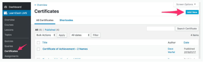 LearnDash-Add new certificate