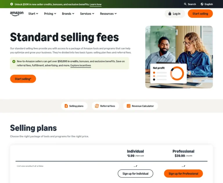 Amazon standard selling fees page showing the Individual plan at $0.99 per item sold and the Professional plan at $39.99 per month