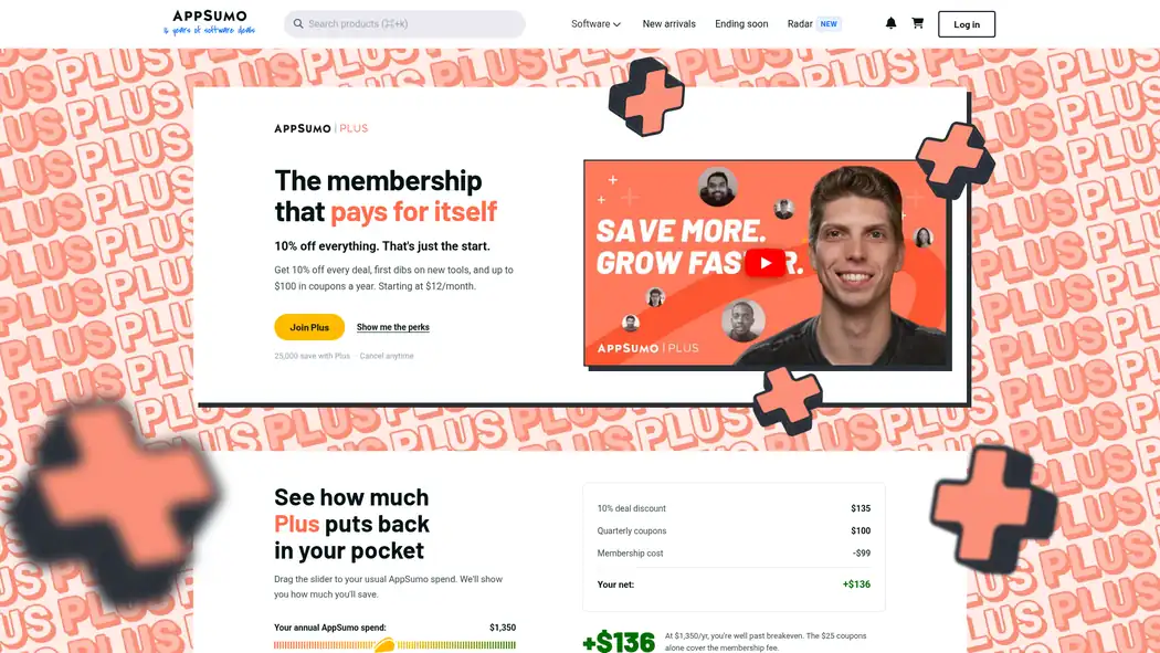 AppSumo Plus page showing 10% off every deal and plans starting at $12 per month