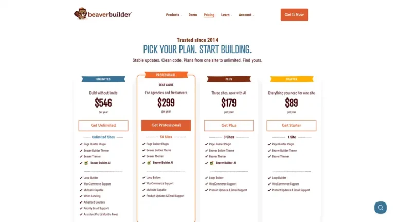 Beaver Builder pricing plans showing Starter Plus Professional and Unlimited annual rates