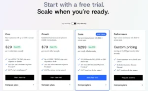 BigCommerce pricing page showing Core $29, Growth $79 and Scale $299 per month billed annually