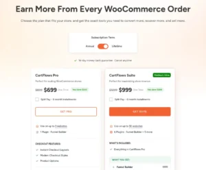 CartFlows pricing page with the Lifetime toggle on, showing Pro at $699 and Suite at $999 one time