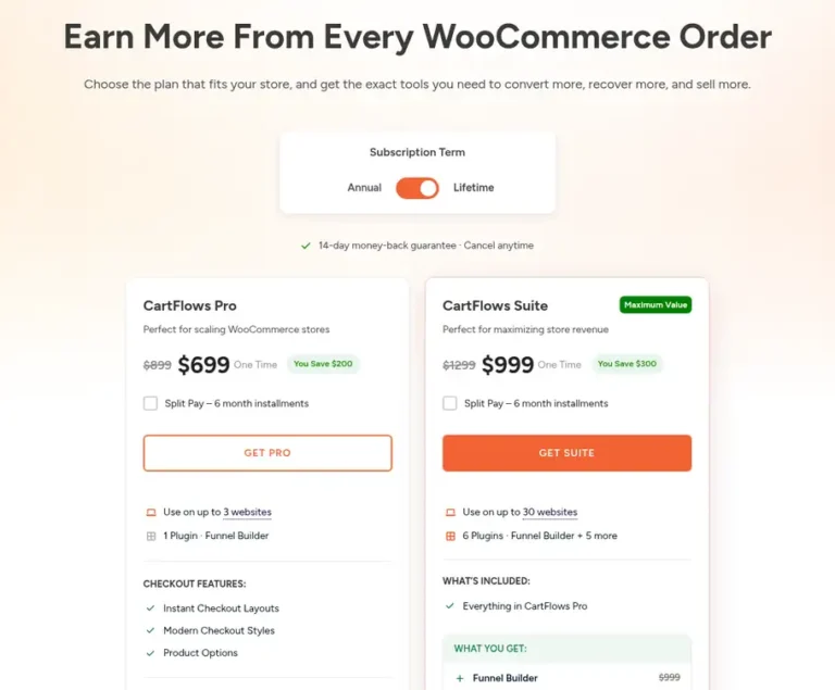 CartFlows pricing page with the Lifetime toggle on, showing Pro at $699 and Suite at $999 one time