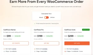CartFlows pricing page showing Starter $99, Pro $199 and Suite $299 first-year prices