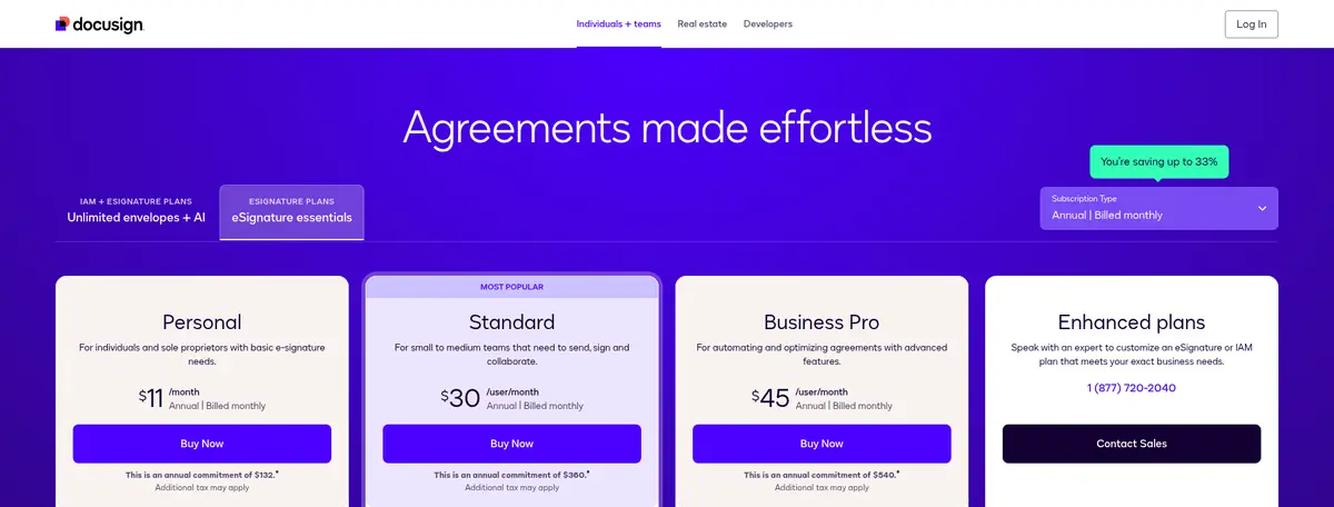DocuSign eSignature pricing page showing Personal $11, Standard $30 and Business Pro $45 per month on annual billing