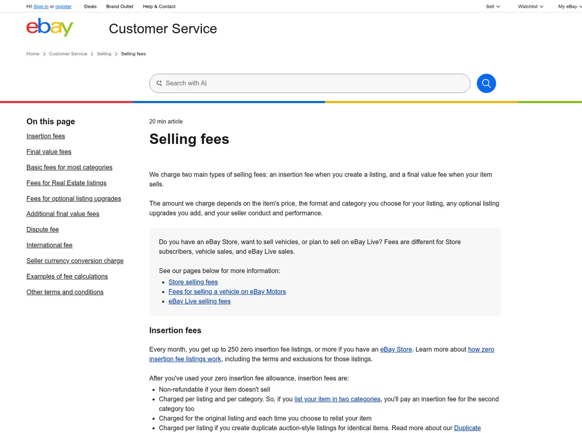 eBay selling fees help page explaining insertion fees, final value fees and 250 zero insertion fee listings per month