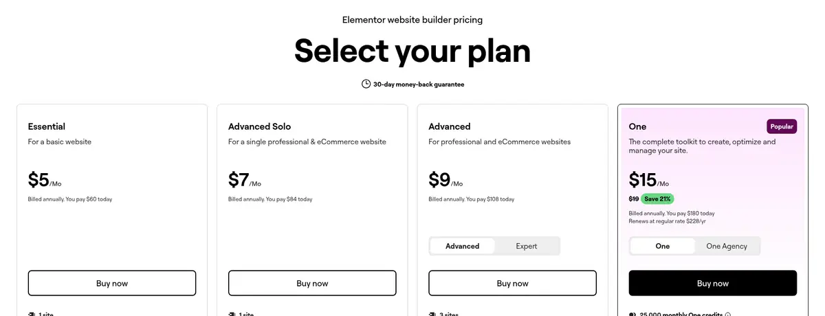 Elementor pricing page showing Essential, Advanced Solo, Advanced and One plans