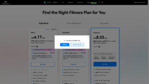 Wondershare Filmora pricing page showing Basic, Advanced, and Premium annual plans