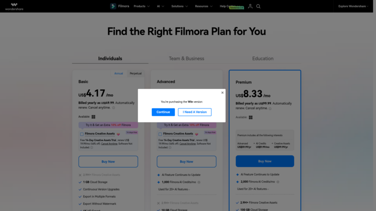 Wondershare Filmora pricing page showing Basic, Advanced, and Premium annual plans