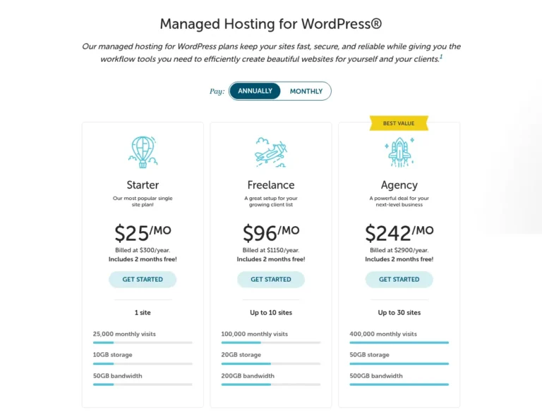 Flywheel managed WordPress hosting pricing: Starter, Freelance and Agency plans billed annually