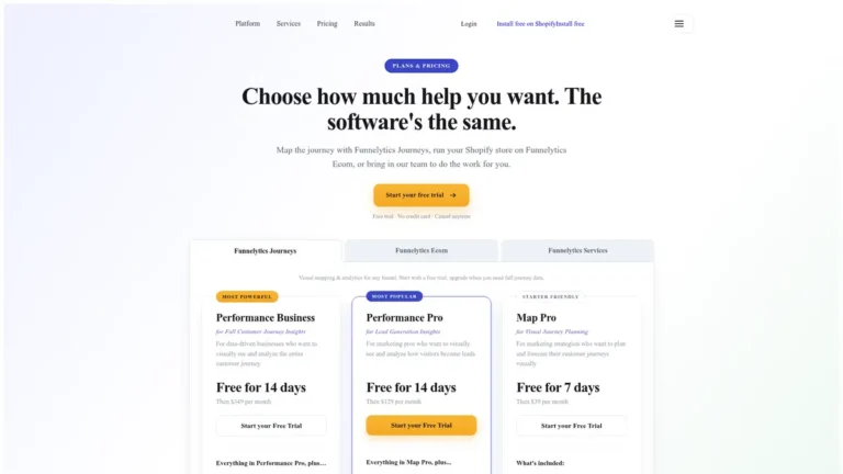 Funnelytics Journeys pricing plans Map Pro Performance Pro and Performance Business