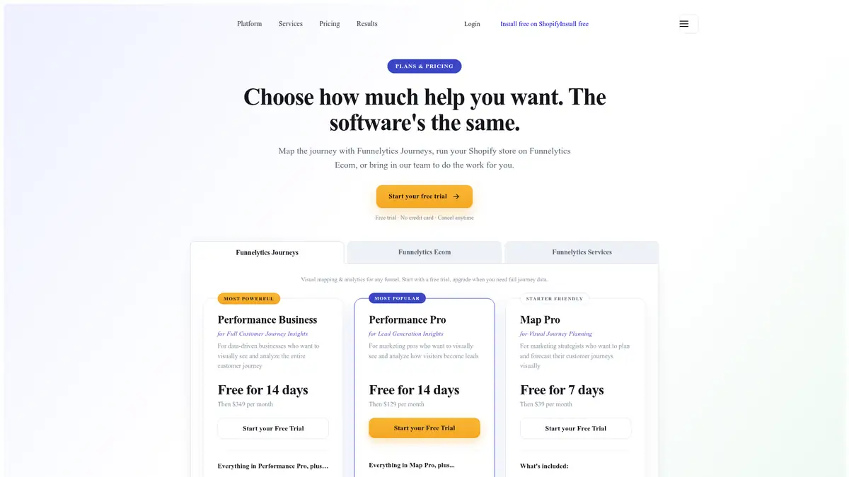 Funnelytics Journeys pricing plans Map Pro Performance Pro and Performance Business