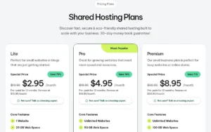 GreenGeeks shared hosting plans: Lite $2.95, Pro $4.95 and Premium $8.95 per month on a 12-month prepay