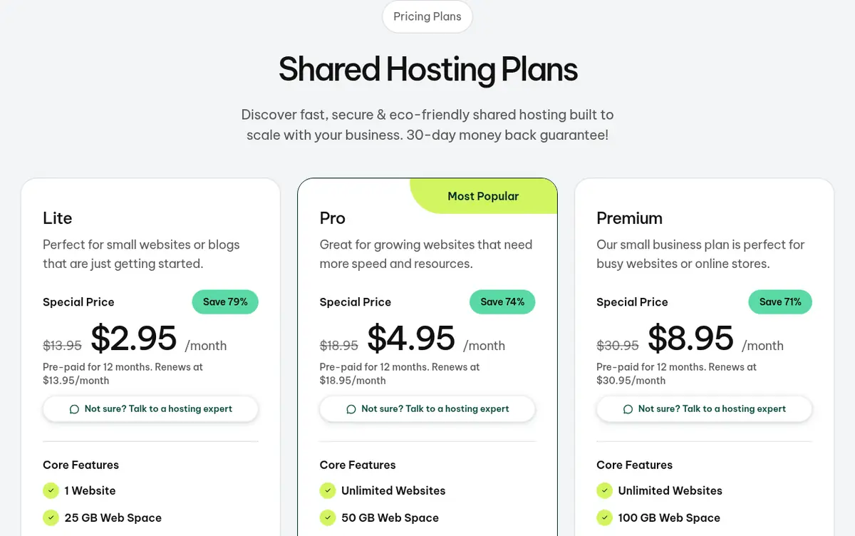 GreenGeeks shared hosting plans: Lite $2.95, Pro $4.95 and Premium $8.95 per month on a 12-month prepay