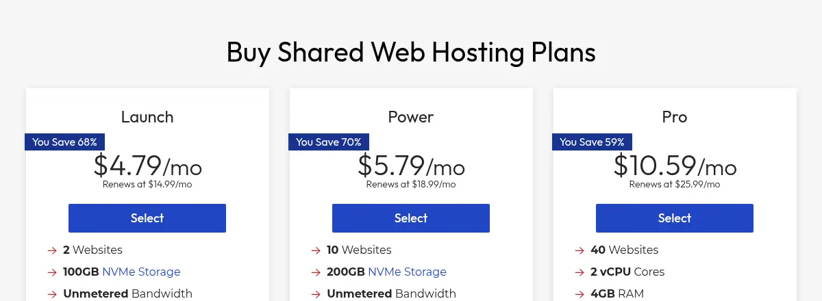 InMotion Hosting Launch, Power and Pro shared hosting prices on a 1-year term