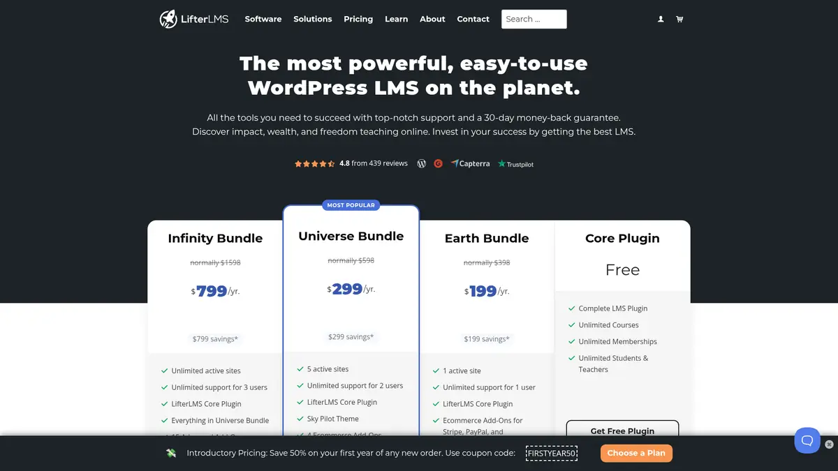 LifterLMS pricing page showing Infinity $799, Universe $299 and Earth $199 for the first year with code FIRSTYEAR50