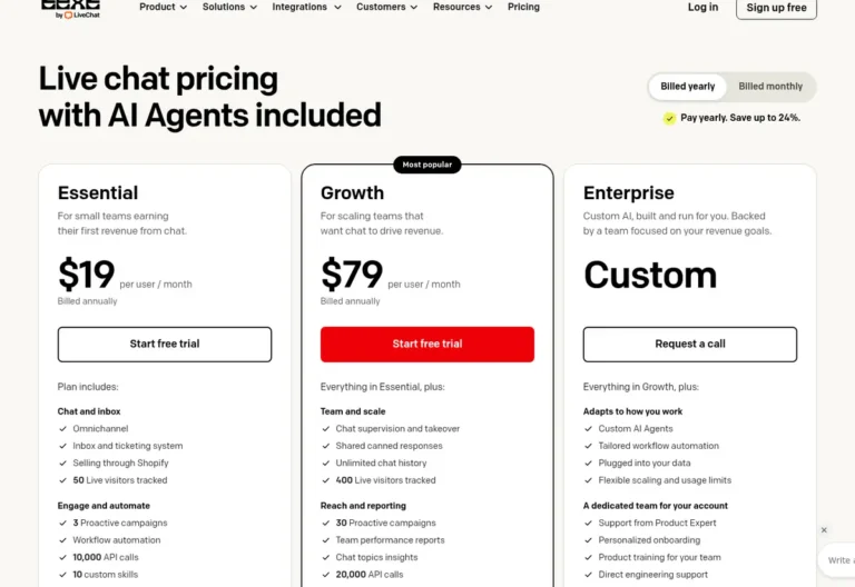LiveChat Text pricing page showing Essential at $19 and Growth at $79 per user per month billed annually