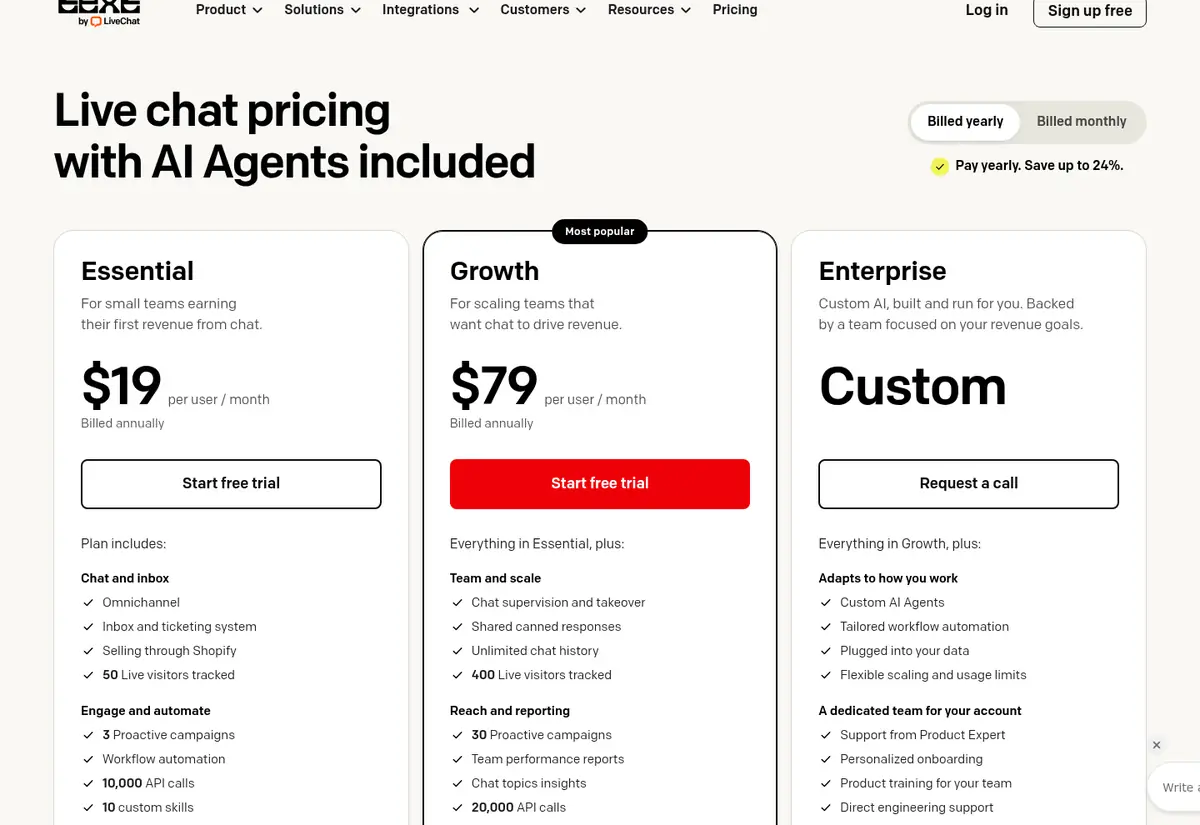 LiveChat Text pricing page showing Essential at $19 and Growth at $79 per user per month billed annually