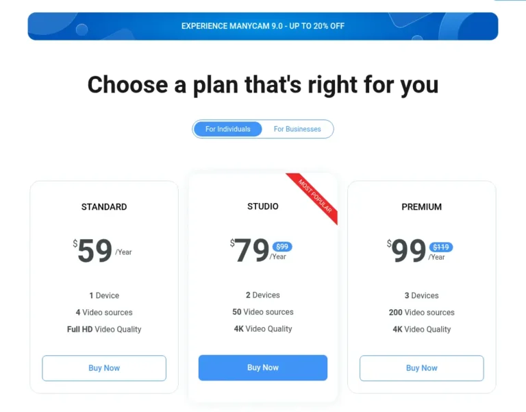ManyCam pricing plans showing Standard $59, Studio $79 and Premium $99 per year
