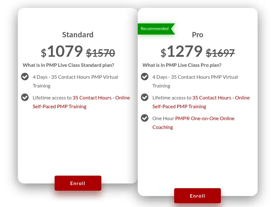 Master of Project Academy PMP Live Class pricing: Standard $1,079 and Pro $1,279