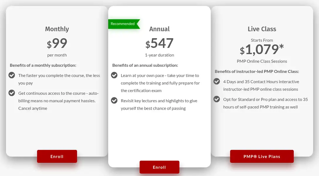 Master of Project Academy PMP certification training pricing: $99 per month, $547 per year, live class from $1,079