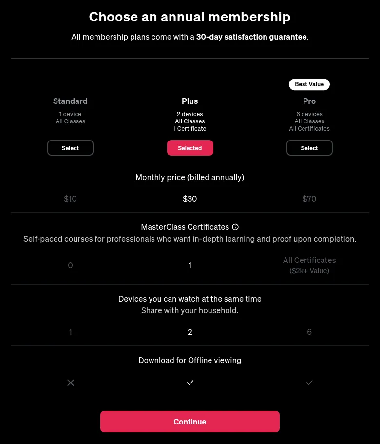 MasterClass annual membership plans page showing Standard $10, Plus $30 and Pro $70 per month billed annually