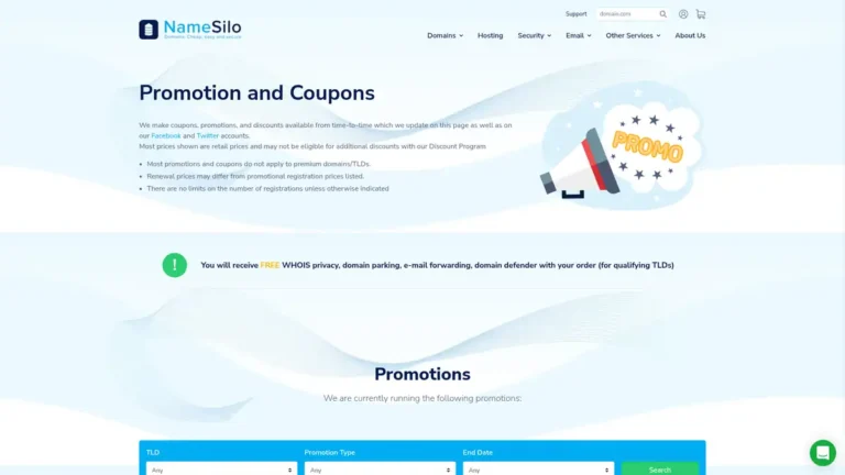 NameSilo Promotion and Coupons page listing current domain registration and transfer promotions