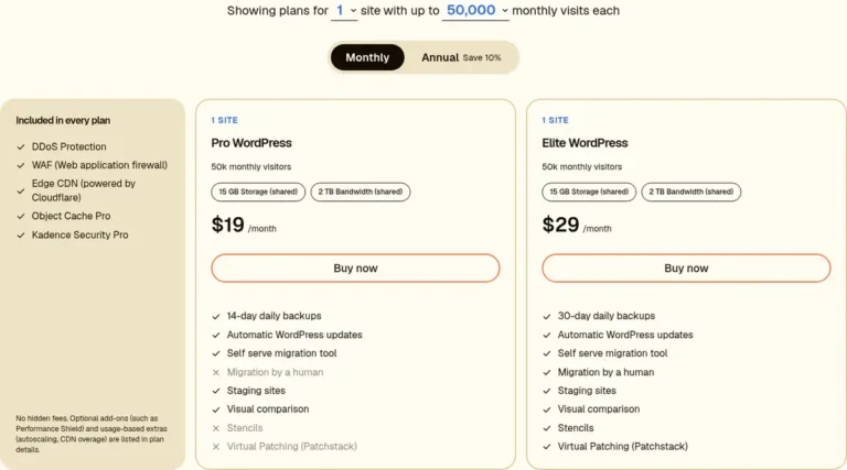 Liquid Web by Nexcess managed WordPress pricing showing Pro WordPress at $19/month and Elite WordPress at $29/month for one site