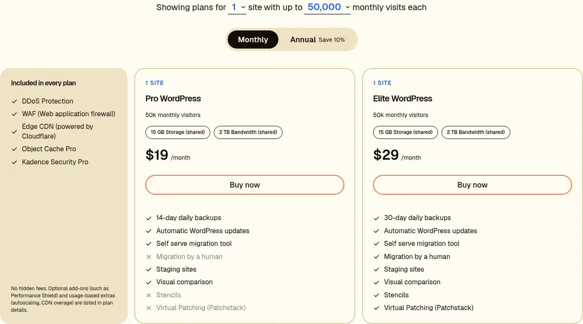 Liquid Web by Nexcess managed WordPress pricing showing Pro WordPress at $19/month and Elite WordPress at $29/month for one site