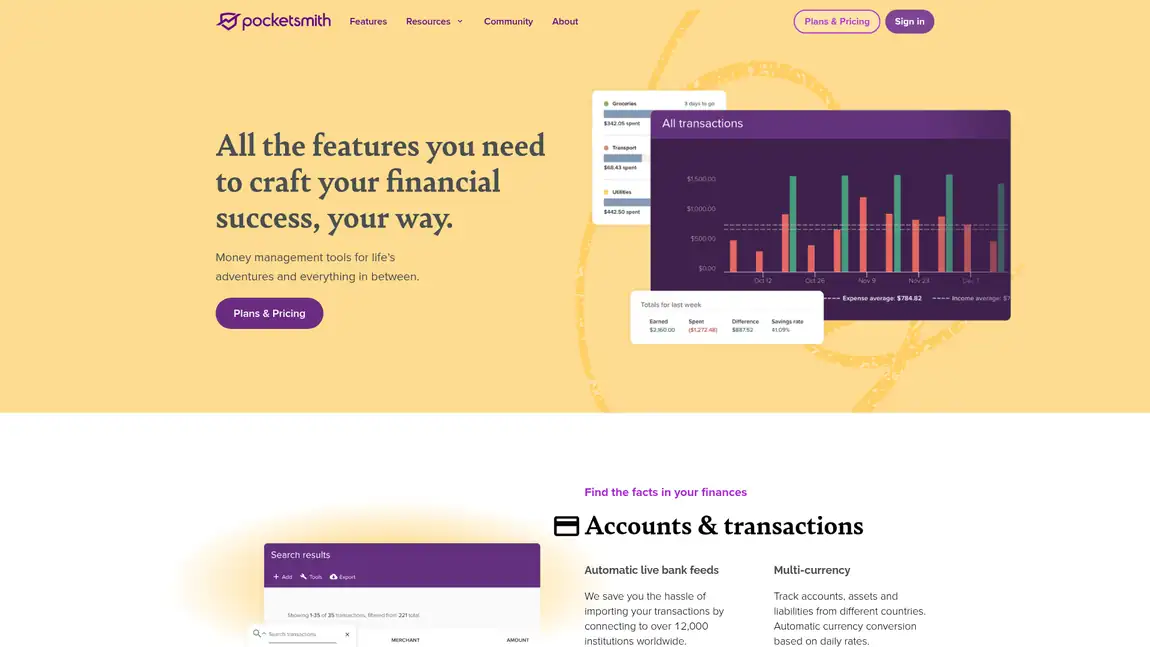 PocketSmith features page showing the transactions chart and accounts and transactions section