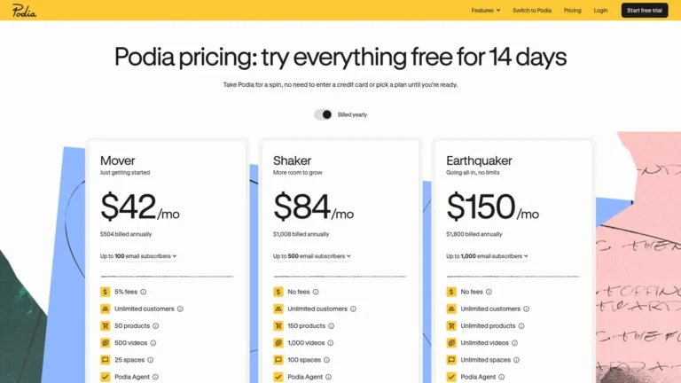 Podia pricing page billed yearly: Mover $42/mo, Shaker $84/mo, Earthquaker $150/mo