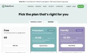 RoboForm pricing page showing Premium at $19.90 and Family at $31.95 for the first year, plus the free plan