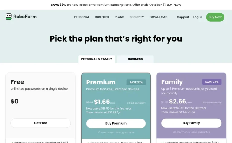 RoboForm pricing page showing Premium at $19.90 and Family at $31.95 for the first year, plus the free plan