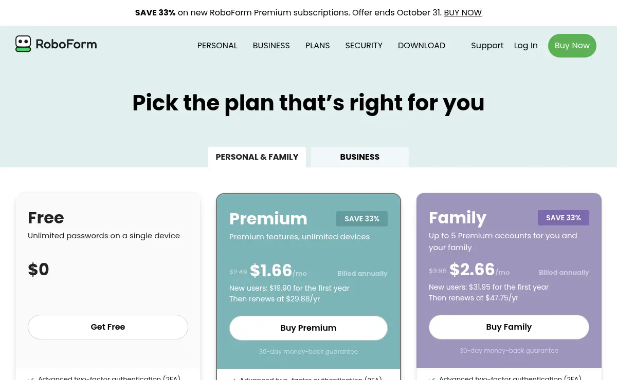 RoboForm pricing page showing Premium at $19.90 and Family at $31.95 for the first year, plus the free plan