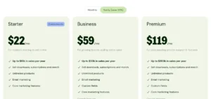 Sellfy Starter, Business and Premium pricing with yearly save 25% toggle