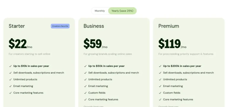 Sellfy Starter, Business and Premium pricing with yearly save 25% toggle