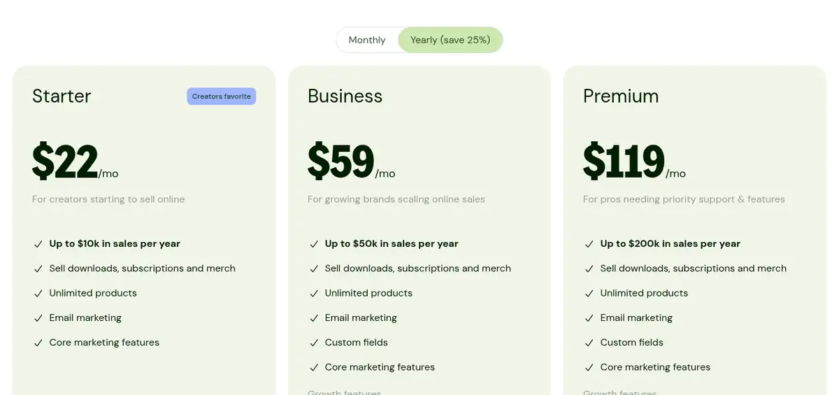Sellfy Starter, Business and Premium pricing with yearly save 25% toggle