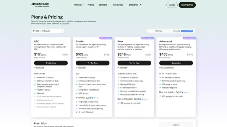 Semrush SEO AI Search pricing plans showing SEO Starter Pro Plus and Advanced annual rates