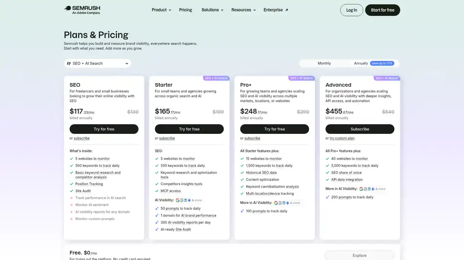 Semrush SEO AI Search pricing plans showing SEO Starter Pro Plus and Advanced annual rates