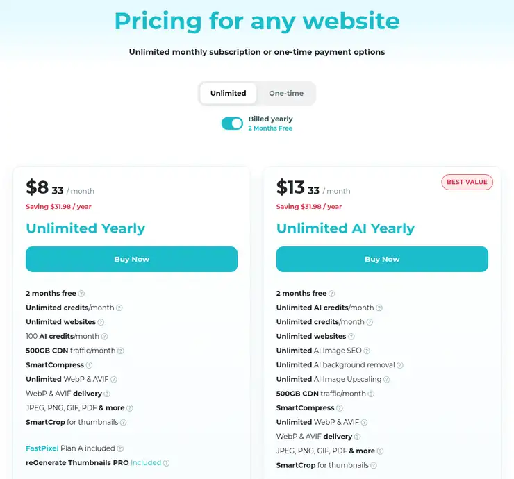 ShortPixel pricing page: Unlimited Yearly at $8.33 a month and Unlimited AI Yearly at $13.33 a month, each saving $31.98 a year
