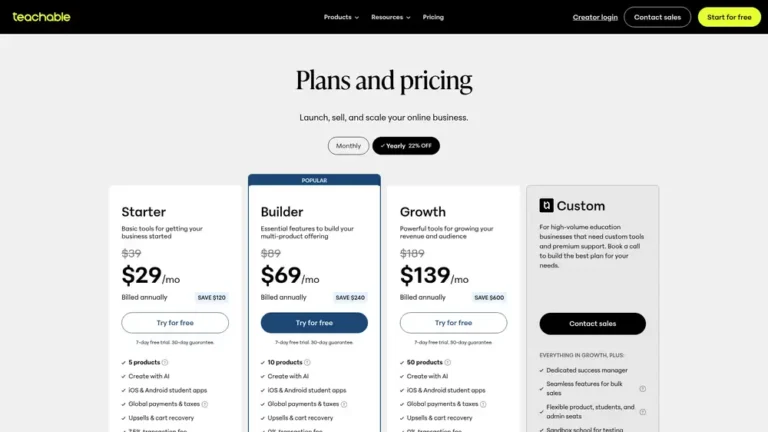Teachable Starter, Builder and Growth pricing with yearly 22% off toggle
