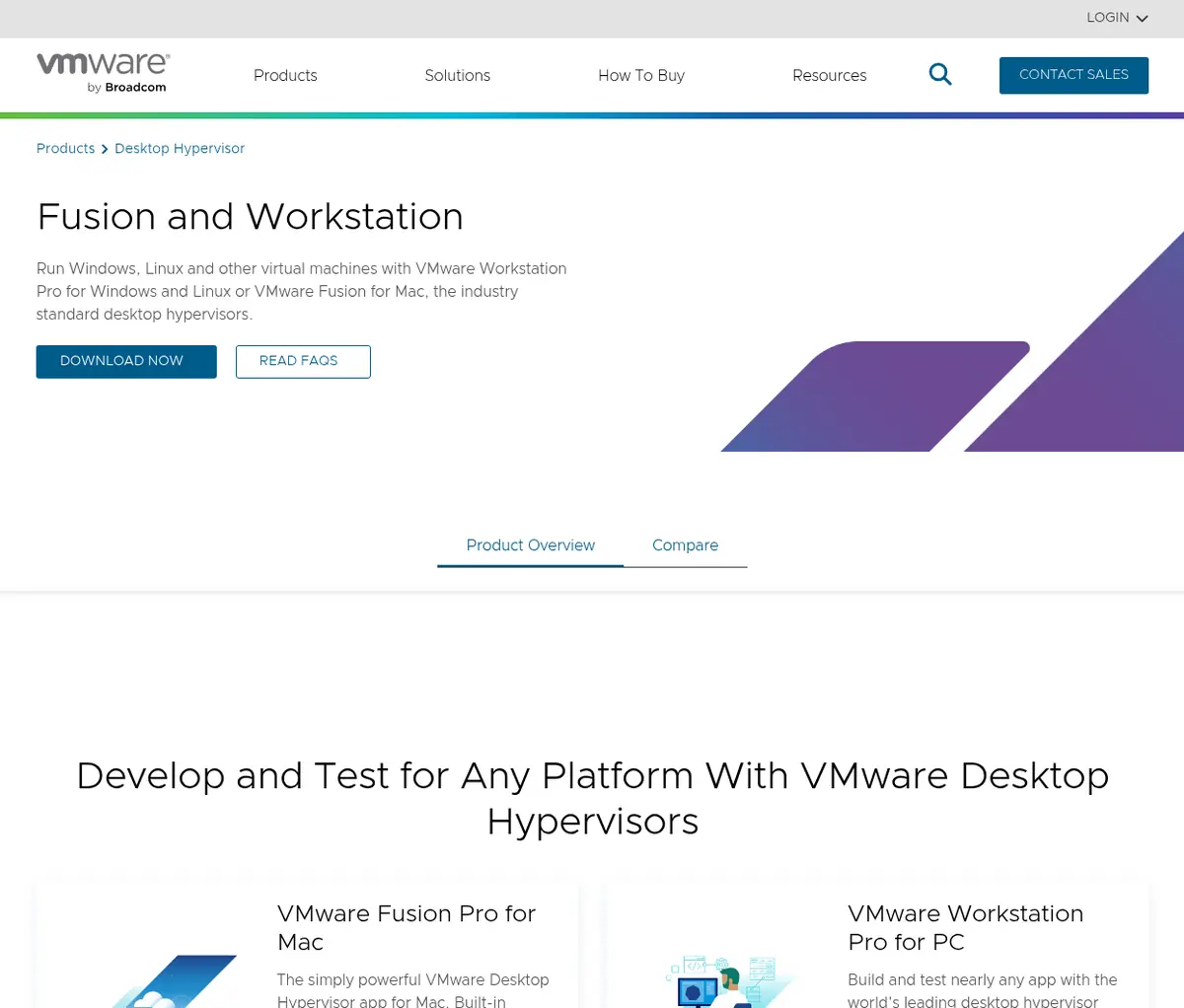 VMware Fusion and Workstation product page with Download Now button for the free desktop hypervisors