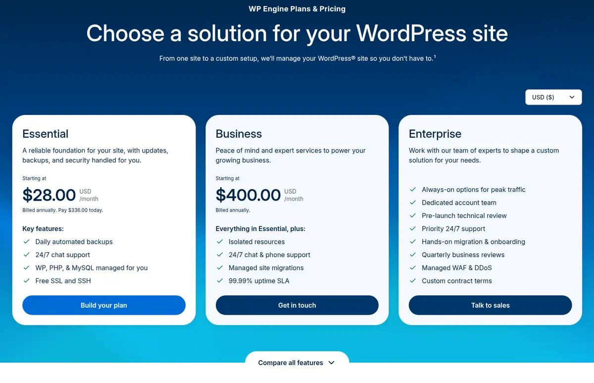 WP Engine plans page showing Essential from $28 per month billed annually, Business and Enterprise