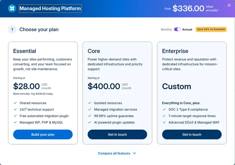 WP Engine Essential, Core and Enterprise plans with annual pricing