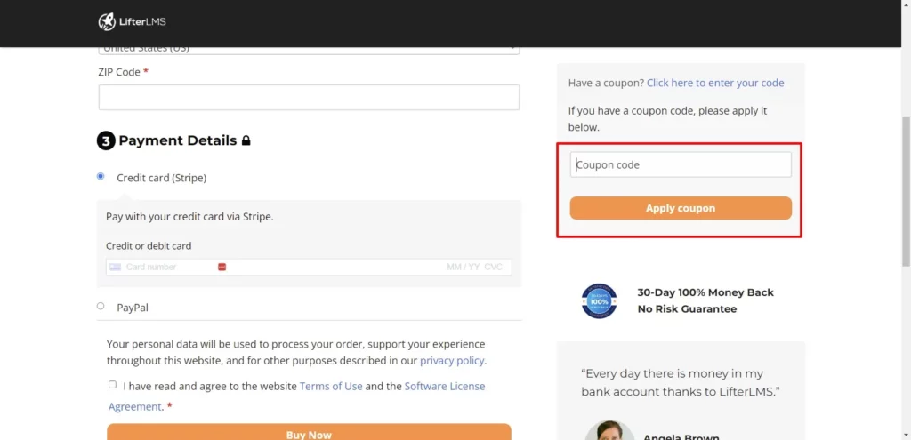 LifterLMS apply coupon