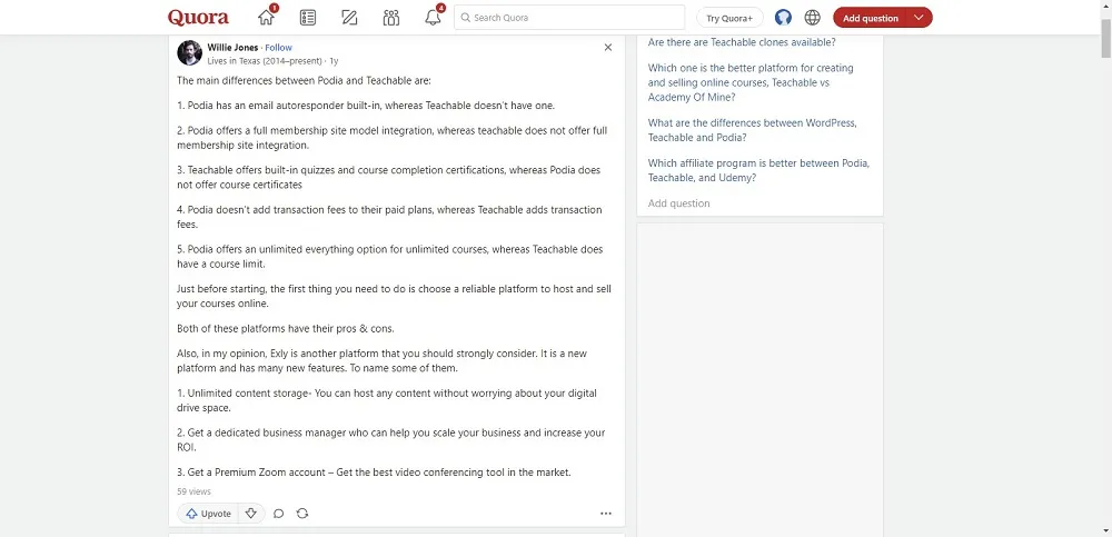 Podia vs Teachable Quora