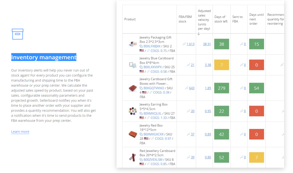 Sellerboard Inventory management Features