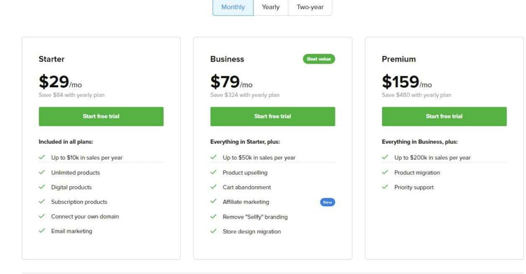 Sellfy Pricing Plans