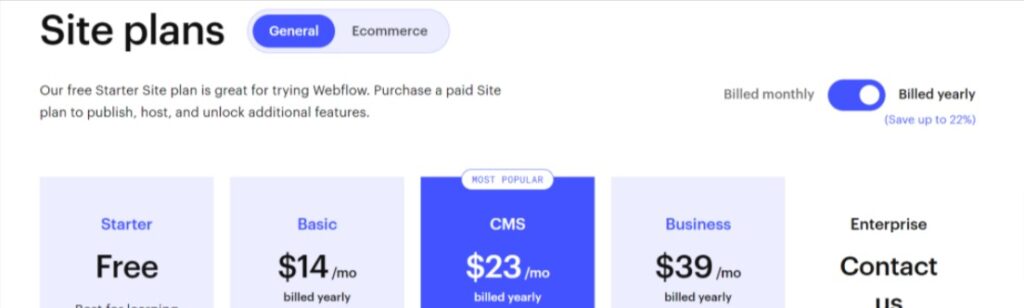 WebFlows sites pricing pplans