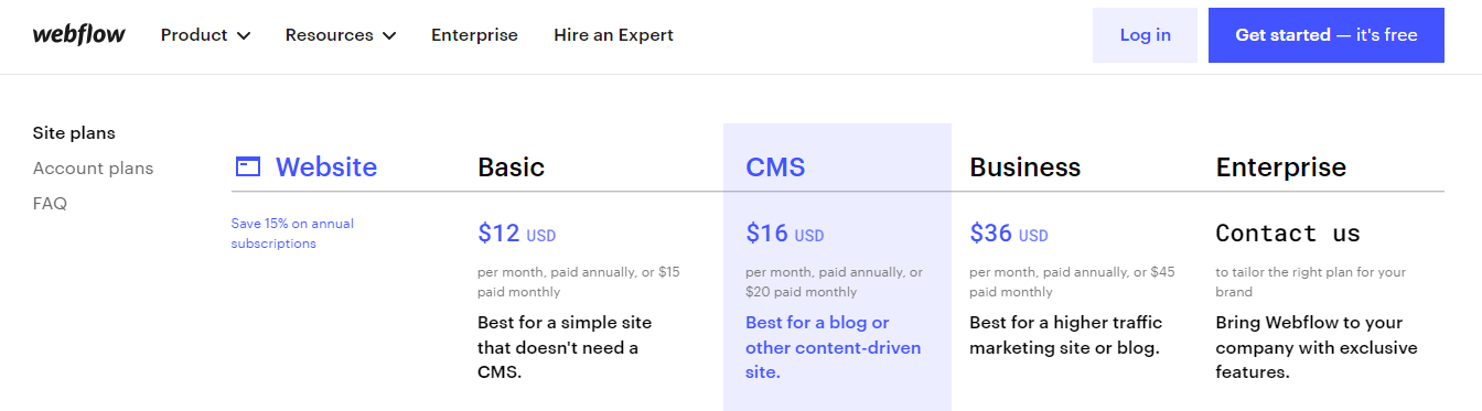 Webflow Pricing - Webflow vs Wix